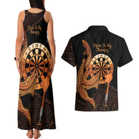 Aloha Hawaii Darts Couples Matching Tank Maxi Dress and Hawaiian Shirt Dart Board With Polynesian Shark - Gold