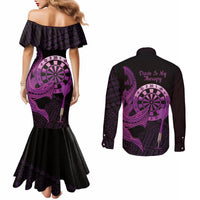 Aloha Hawaii Darts Couples Matching Mermaid Dress and Long Sleeve Button Shirt Dart Board With Polynesian Shark - Purple LT14 - Polynesian Pride