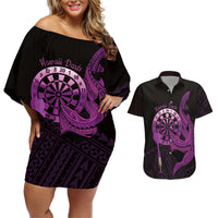 Aloha Hawaii Darts Couples Matching Off Shoulder Short Dress and Hawaiian Shirt Dart Board With Polynesian Shark - Purple LT14 Purple - Polynesian Pride