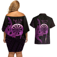 Aloha Hawaii Darts Couples Matching Off Shoulder Short Dress and Hawaiian Shirt Dart Board With Polynesian Shark - Purple LT14 - Polynesian Pride