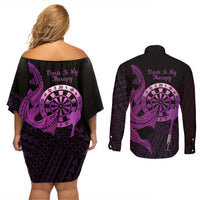 Aloha Hawaii Darts Couples Matching Off Shoulder Short Dress and Long Sleeve Button Shirt Dart Board With Polynesian Shark - Purple