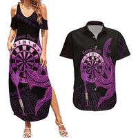 Aloha Hawaii Darts Couples Matching Summer Maxi Dress and Hawaiian Shirt Dart Board With Polynesian Shark - Purple LT14 Purple - Polynesian Pride