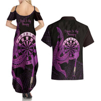 Aloha Hawaii Darts Couples Matching Summer Maxi Dress and Hawaiian Shirt Dart Board With Polynesian Shark - Purple LT14 - Polynesian Pride