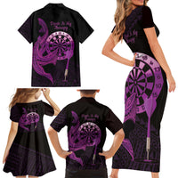 Aloha Hawaii Darts Family Matching Short Sleeve Bodycon Dress and Hawaiian Shirt Dart Board With Polynesian Shark - Purple