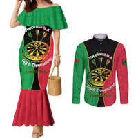 Personalised Vanuatu Darts Couples Matching Mermaid Dress and Long Sleeve Button Shirt Happiness Is A Tight Threesome Sand Drawing Art LT14 Red - Polynesian Pride