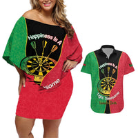 Personalised Vanuatu Darts Couples Matching Off Shoulder Short Dress and Hawaiian Shirt Happiness Is A Tight Threesome Sand Drawing Art LT14 Red - Polynesian Pride