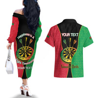 Personalised Vanuatu Darts Couples Matching Off The Shoulder Long Sleeve Dress and Hawaiian Shirt Happiness Is A Tight Threesome Sand Drawing Art