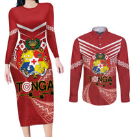 Tonga Darts Couples Matching Long Sleeve Bodycon Dress and Long Sleeve Button Shirt Tongan Ngatu Pattern LT14 Red - Polynesian Pride