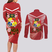 Tonga Darts Couples Matching Long Sleeve Bodycon Dress and Long Sleeve Button Shirt Tongan Ngatu Pattern LT14 - Polynesian Pride