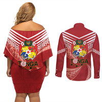 Tonga Darts Couples Matching Off Shoulder Short Dress and Long Sleeve Button Shirt Tongan Ngatu Pattern LT14 - Polynesian Pride