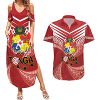 Tonga Darts Couples Matching Summer Maxi Dress and Hawaiian Shirt Tongan Ngatu Pattern LT14 Red - Polynesian Pride
