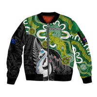 Personalised New Zealand And Australia Sleeve Zip Bomber Jacket Aboriginal Mix Aotearoa Maori Unique Style LT14 Unisex Green - Polynesian Pride