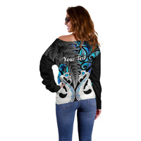 Personalised New Zealand Off Shoulder Sweater Te Manaia Mangopare Maori And Fern Blue Style LT14 - Polynesian Pride