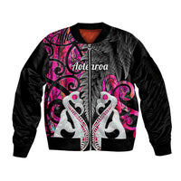 Personalised New Zealand Sleeve Zip Bomber Jacket Te Manaia Mangopare Maori And Fern Pink Style LT14 Unisex Pink - Polynesian Pride