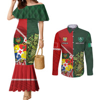 Custom Tonga And Ireland Rugby Couples Matching Mermaid Dress and Long Sleeve Button Shirt Ikale Tahi With Shamrocks LT14 Red - Polynesian Pride
