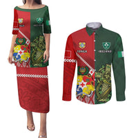 Custom Tonga And Ireland Rugby Couples Matching Puletasi and Long Sleeve Button Shirt Ikale Tahi With Shamrocks LT14 Red - Polynesian Pride