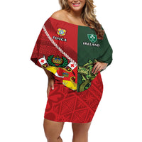 Custom Tonga And Ireland Rugby Off Shoulder Short Dress Ikale Tahi With Shamrocks LT14 Women Red - Polynesian Pride