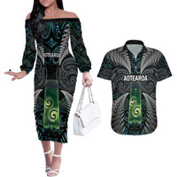 Personalised New Zealand Toki Couples Matching Off The Shoulder Long Sleeve Dress and Hawaiian Shirt Silver Fern Mix Aotearoa Maori Pattern
