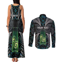 Personalised New Zealand Toki Couples Matching Tank Maxi Dress and Long Sleeve Button Shirt Silver Fern Mix Aotearoa Maori Pattern