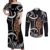 New Zealand Maripi Couples Matching Off Shoulder Maxi Dress and Long Sleeve Button Shirt Silver Fern Mix Aotearoa Maori Pattern