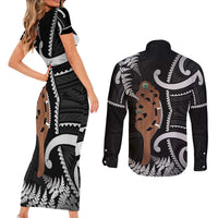 New Zealand Maripi Couples Matching Short Sleeve Bodycon Dress and Long Sleeve Button Shirt Silver Fern Mix Aotearoa Maori Pattern