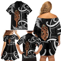 New Zealand Maripi Family Matching Off Shoulder Short Dress and Hawaiian Shirt Silver Fern Mix Aotearoa Maori Pattern