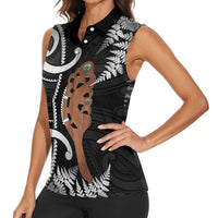New Zealand Maripi Women Sleeveless Polo Shirt Silver Fern Mix Aotearoa Maori Pattern