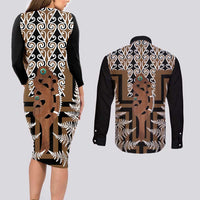New Zealand Couples Matching Long Sleeve Bodycon Dress and Long Sleeve Button Shirt Maori Maripi Knife With Poutama Art