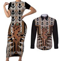New Zealand Couples Matching Short Sleeve Bodycon Dress and Long Sleeve Button Shirt Maori Maripi Knife With Poutama Art