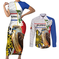 Personalised Philippines Eagle Couples Matching Short Sleeve Bodycon Dress and Long Sleeve Button Shirt Filipino Sun Mix Sampaguita Flower