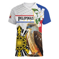 Personalised Philippines Eagle Women V-Neck T-Shirt Filipino Sun Mix Sampaguita Flower LT14 Female White - Polynesian Pride