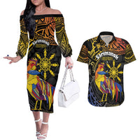 Philippines Sarimanok Couples Matching Off The Shoulder Long Sleeve Dress and Hawaiian Shirt Papanok Legendary Bird Okir Polynesian Pattern