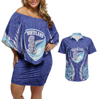 Northland 2026 Rugby Custom Couples Matching Off Shoulder Short Dress and Hawaiian Shirt NZ Maori Silver Fern LT14 Blue - Polynesian Pride