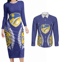 Otago 2026 Rugby Custom Couples Matching Long Sleeve Bodycon Dress and Long Sleeve Button Shirt NZ Maori Silver Fern LT14 Blue - Polynesian Pride