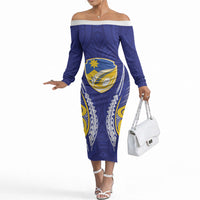 Otago 2026 Rugby Custom Off The Shoulder Long Sleeve Dress NZ Maori Silver Fern LT14 Women Blue - Polynesian Pride