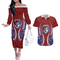 Southland 2026 Rugby Custom Couples Matching Off The Shoulder Long Sleeve Dress and Hawaiian Shirt NZ Maori Silver Fern LT14 Maroon - Polynesian Pride