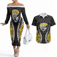 Taranaki 2026 Rugby Custom Couples Matching Off The Shoulder Long Sleeve Dress and Hawaiian Shirt NZ Maori Silver Fern LT14 Black - Polynesian Pride