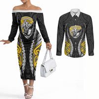 Taranaki 2026 Rugby Custom Couples Matching Off The Shoulder Long Sleeve Dress and Long Sleeve Button Shirt NZ Maori Silver Fern LT14 Black - Polynesian Pride