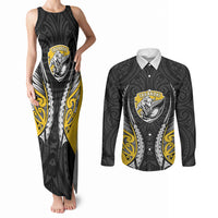 Taranaki 2026 Rugby Custom Couples Matching Tank Maxi Dress and Long Sleeve Button Shirt NZ Maori Silver Fern LT14 Black - Polynesian Pride