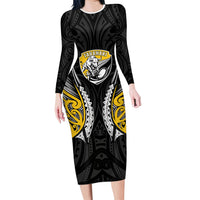 Taranaki 2026 Rugby Custom Long Sleeve Bodycon Dress NZ Maori Silver Fern LT14 Long Dress Black - Polynesian Pride
