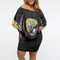 Taranaki 2026 Rugby Custom Off Shoulder Short Dress NZ Maori Silver Fern LT14 Women Black - Polynesian Pride