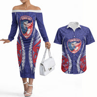 Tasman Bay 2026 Rugby Custom Couples Matching Off The Shoulder Long Sleeve Dress and Hawaiian Shirt NZ Maori Silver Fern LT14 Blue - Polynesian Pride