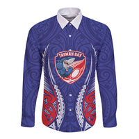 Tasman Bay 2026 Rugby Custom Long Sleeve Button Shirt NZ Maori Silver Fern LT14 Unisex Blue - Polynesian Pride