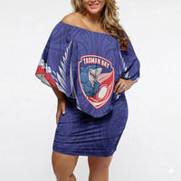 Tasman Bay 2026 Rugby Custom Off Shoulder Short Dress NZ Maori Silver Fern LT14 Women Blue - Polynesian Pride