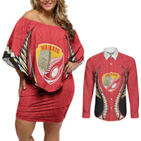 Waikato 2026 Rugby Custom Couples Matching Off Shoulder Short Dress and Long Sleeve Button Shirt NZ Maori Silver Fern LT14 Red - Polynesian Pride