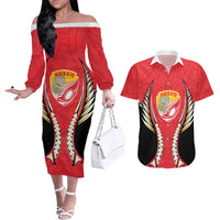 Waikato 2026 Rugby Custom Couples Matching Off The Shoulder Long Sleeve Dress and Hawaiian Shirt NZ Maori Silver Fern LT14 Red - Polynesian Pride