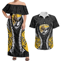 Wellington 2026 Rugby Custom Couples Matching Off Shoulder Maxi Dress and Hawaiian Shirt NZ Maori Silver Fern LT14 Black - Polynesian Pride