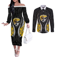 Wellington 2026 Rugby Custom Couples Matching Off The Shoulder Long Sleeve Dress and Long Sleeve Button Shirt NZ Maori Silver Fern LT14 Black - Polynesian Pride