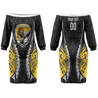 Wellington 2026 Rugby Custom Family Matching Off The Shoulder Long Sleeve Dress and Hawaiian Shirt NZ Maori Silver Fern LT14 Mom's Dress Black - Polynesian Pride