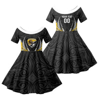 Wellington 2026 Rugby Custom Family Matching Off The Shoulder Long Sleeve Dress and Hawaiian Shirt NZ Maori Silver Fern LT14 Daughter's Dress Black - Polynesian Pride